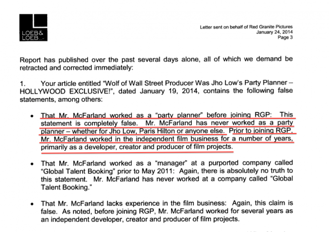 Red Granite's legal letter in January claims an extensive film background for McFarland and no talent booking experience. It was a different story in this week's New York Times!