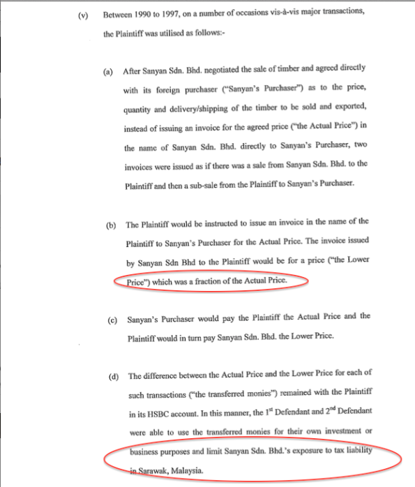 Selling to his own company for "a fraction of the actual price" to "limit his liability for tax in Sarawak, Malaysia"