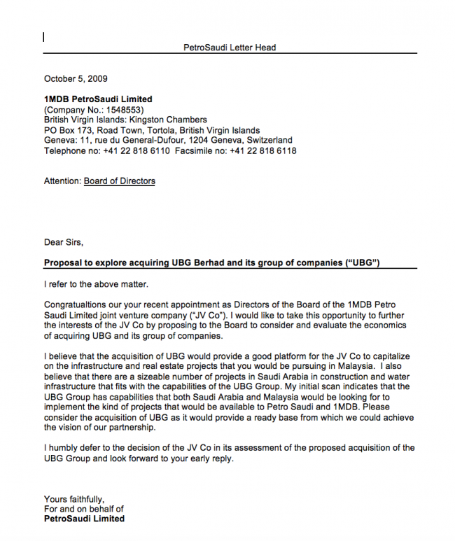 In October 2009, just days after the signing of the Joint Venture 1MDB PetroSaudi suggested the JV buy out UBG bank 