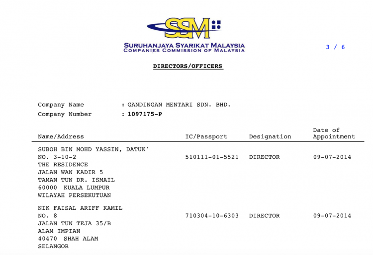 Key role of Nik Faisal Arif Kamil at SRC and transfer company Gandingan Mentari Sdn Bhd