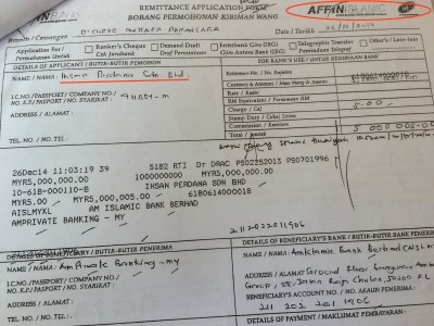 Surat-surat penerang pemindah duit – siti ari pemindah duit ti udah diterima ari Gandingan Mentari ke dalam Ihsan Perdana dalam Affin Bank, sebedau duit nya dipindahka ngagai akaun enggi Menteri Besai di AmBank