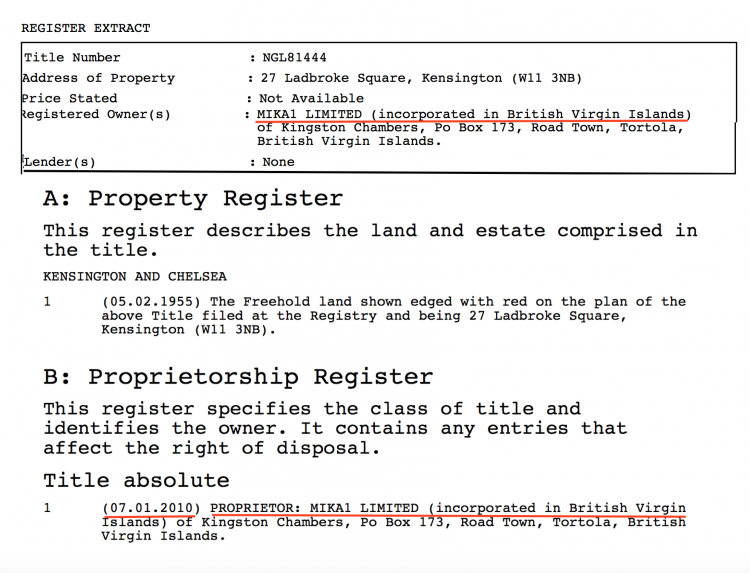 The BVI company Mika 1 is the "owner" of 27 Ladbroke Square