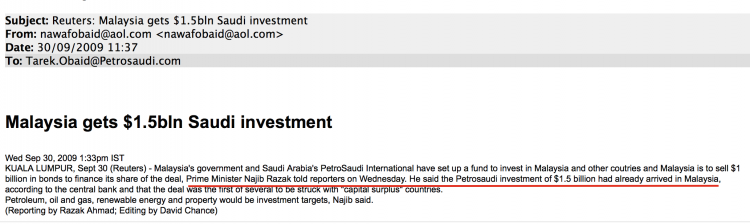 Reuters quoted the Prime Minister claiming that US$1.5 billion in cash had already ARRIVED IN MALAYSIA on the day of the deal, according to an email sent from Nawaf to Tarek