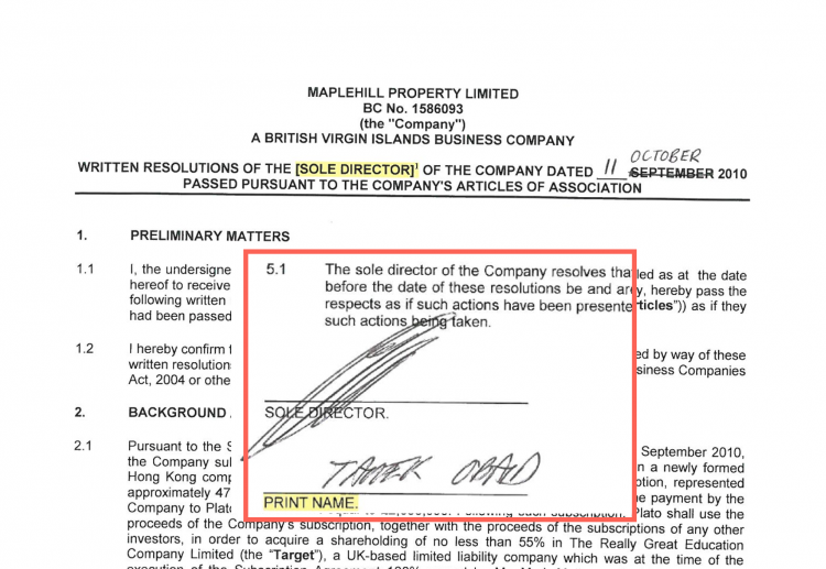 Tarek Obaid signed as sole director and shareholder in Sept 2010