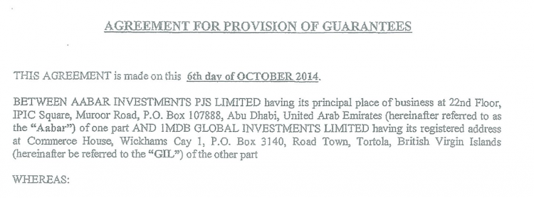 Signed between 1MDB and Aabar Investments PJS Limited (the 'Bogus Aabar') in October 2014