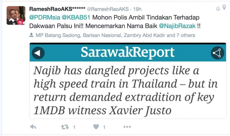 The planned transfer was cancelled after Najib put the issue on the agenda of bi-lateral negotiations - but Rao says SR lied