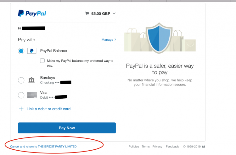 Brexit Party donation site takes you straight to your Paypal platform account