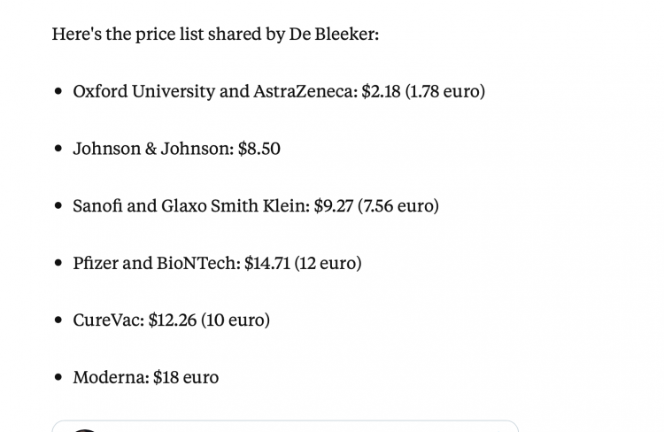 Prices released by a Belgium minister last week showing costs to the EU